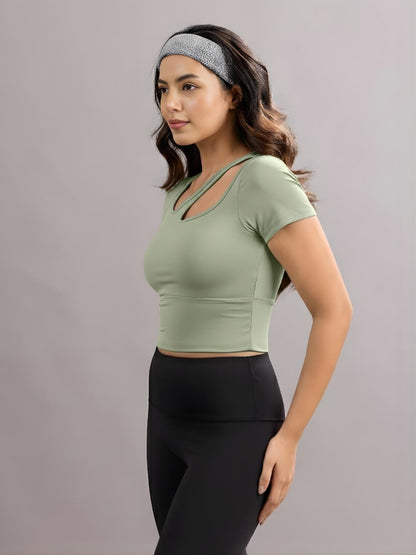 Sabi Aura Slate-Neck Short Sleeve Crop Top