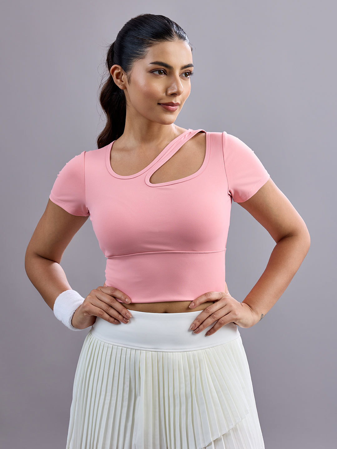 Sabi Aura Slate-Neck Short Sleeve Crop Top