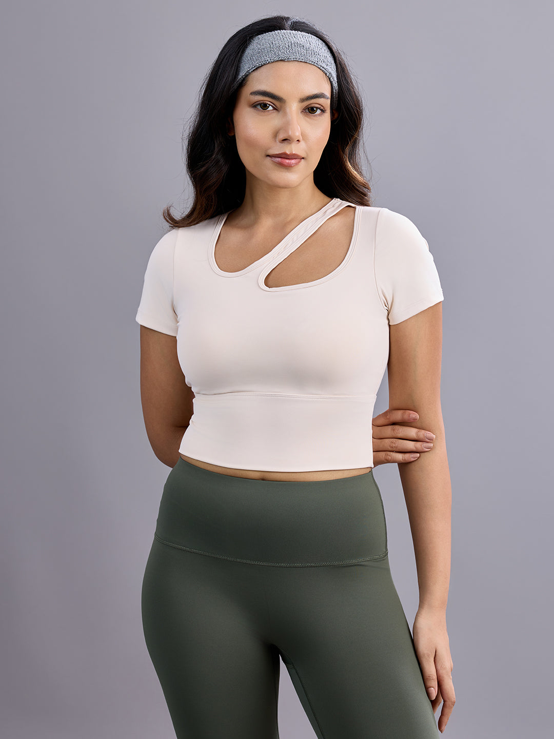 Sabi Aura Slate-Neck Short Sleeve Crop Top