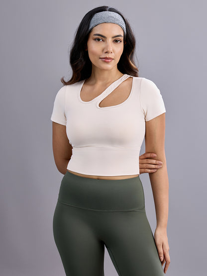Sabi Aura Slate-Neck Short Sleeve Crop Top