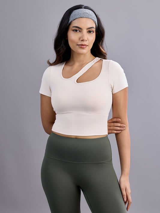 Sabi Aura Slate-Neck Short Sleeve Crop Top