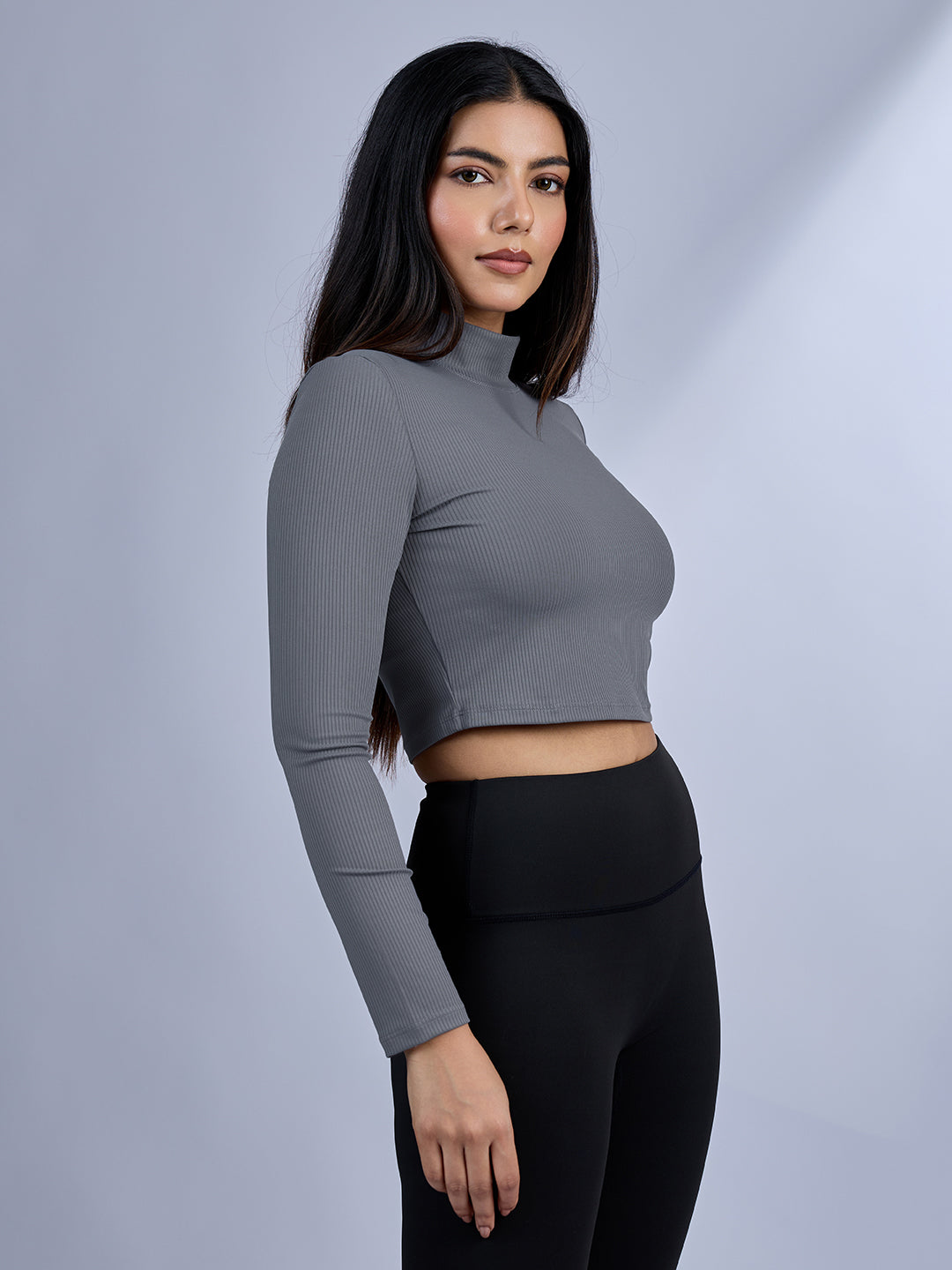 Sabi Storm Grey Turtle-Neck Crop Top T-shirt