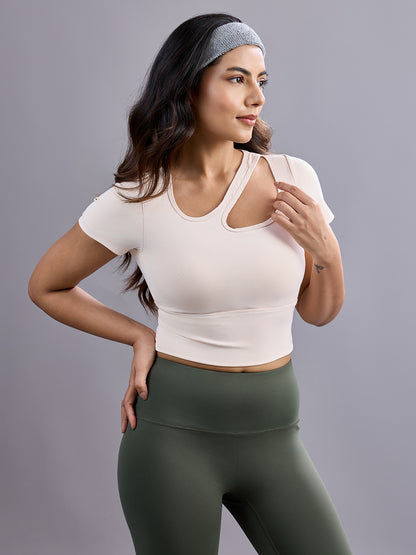 Sabi Aura Slate-Neck Short Sleeve Crop Top