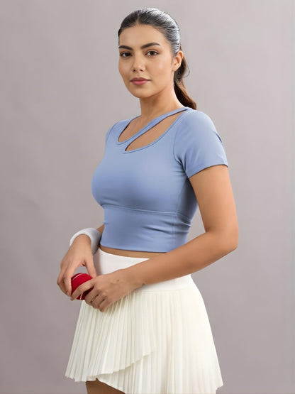 Sabi Aura Slate-Neck Short Sleeve Crop Top