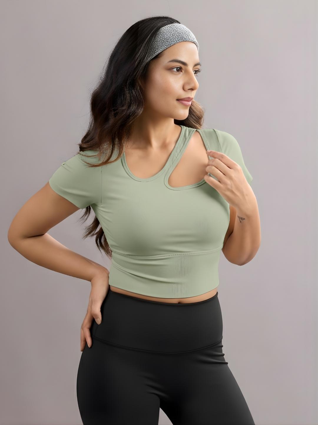 Sabi Aura Slate-Neck Short Sleeve Crop Top
