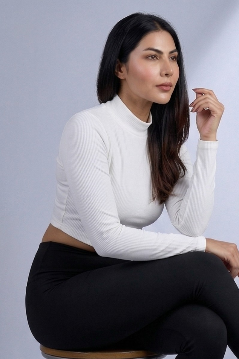 Sabi Cloud White Turtle-Neck Crop Top T-shirt