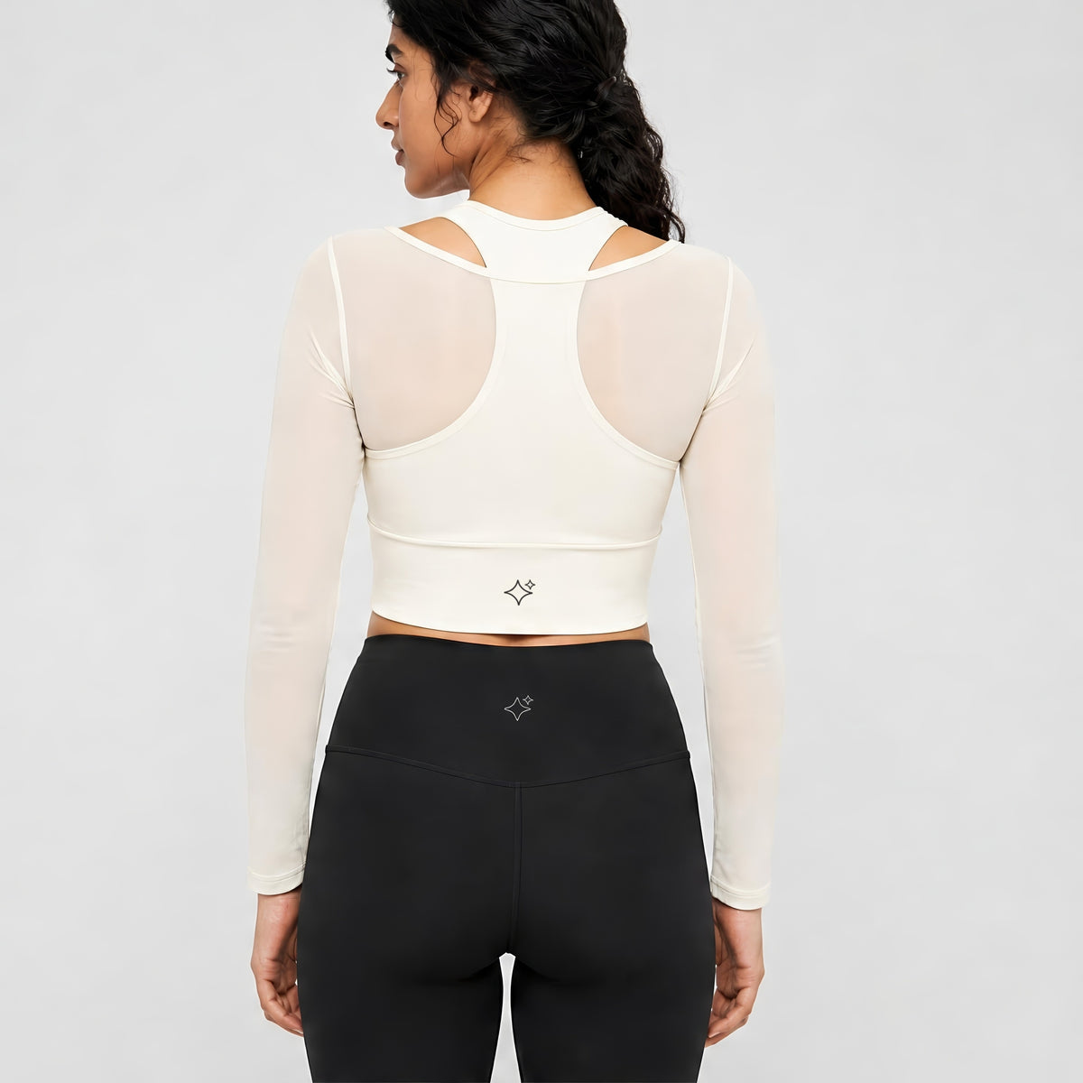 Cream White Mesh Sleeve Crop Top